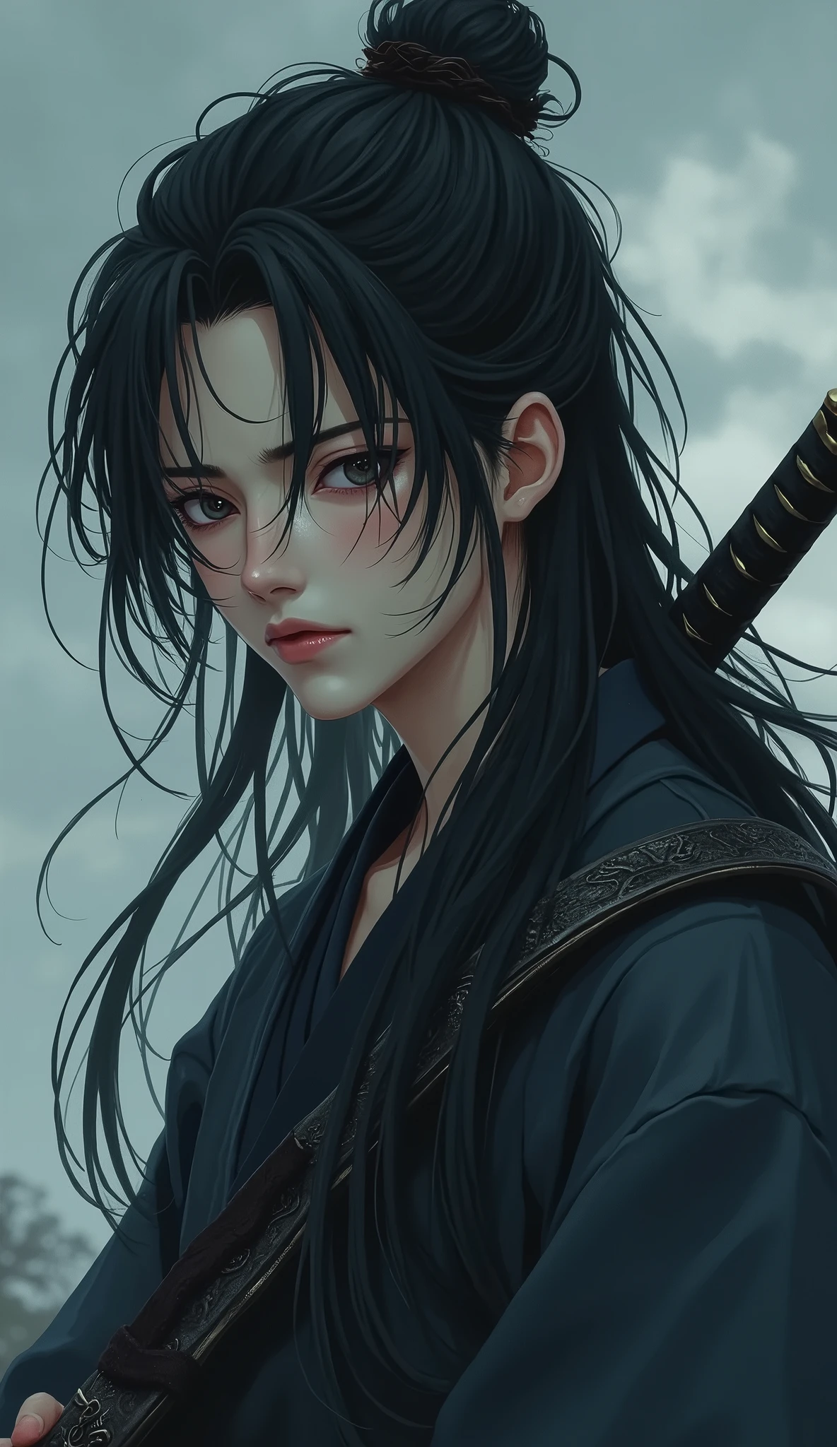 Boy with depression、Japanese、Beautiful Boy、Long Hair、Samurai、Ultra Close-Up、Close-up of face、Real、Carrying a sword、Looking up at the sky、Cloudy、Highest quality、Masterpiece
