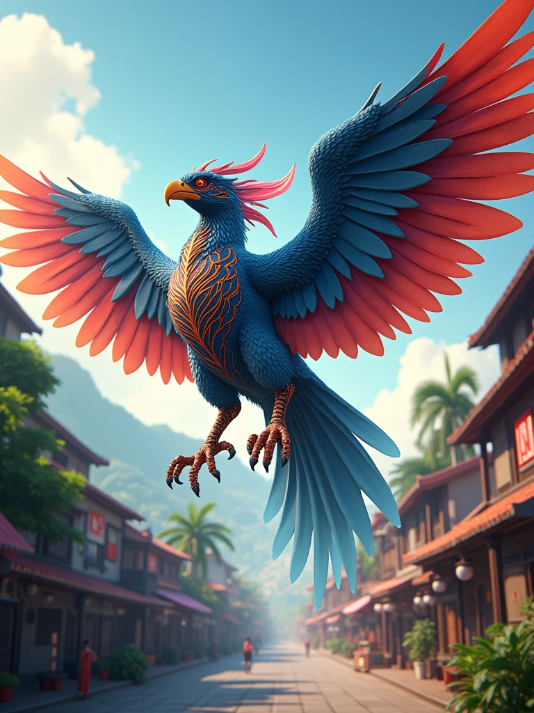 Animated 4D,Black Myth Garuda Lava Blue Red Cyberg Golden,Background Nusantara town Indonesia new