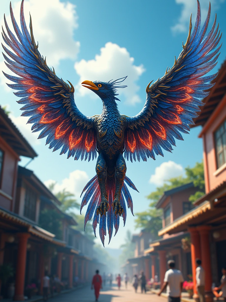 Animated 4D,Black Myth Garuda Lava Blue Red Cyberg Golden,Background Nusantara town Indonesia new