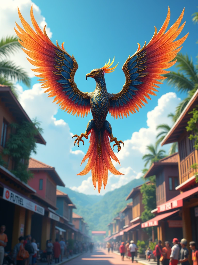 Animated 4D,Black Myth Garuda Lava Blue Red Cyberg Golden,Background Nusantara town Indonesia new