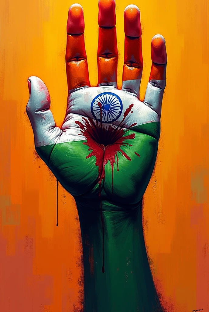 Aesthetic indian flag in shape of hand in punch position and blood dripping from it. It should look like acrylic painting. 