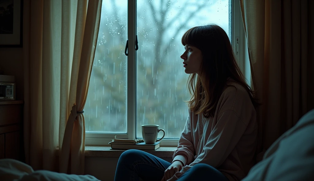 8k,RAW photo, ultra high res, realistic photo, extremely quality photo, sharp focus, epic realism, realisitic, Create a scene where a young woman is sitting by a window, looking out at a rainy day. The window should be rain-streaked, with droplets visible on the glass. The person, dressed in 1960's Woodstock casual, reflective attire, should be depicted with a contemplative or melancholic expression, as if deep in thought. The room should have a cozy, introspective atmosphere, with soft, muted lighting and perhaps a few personal items around. Convey a sense of being weighed down or held back, symbolized by an abstract representation of a 'ball and chain' effect—this could be visualized through metaphorical elements like shadows, chains, or a subtle overlay that suggests emotional heaviness