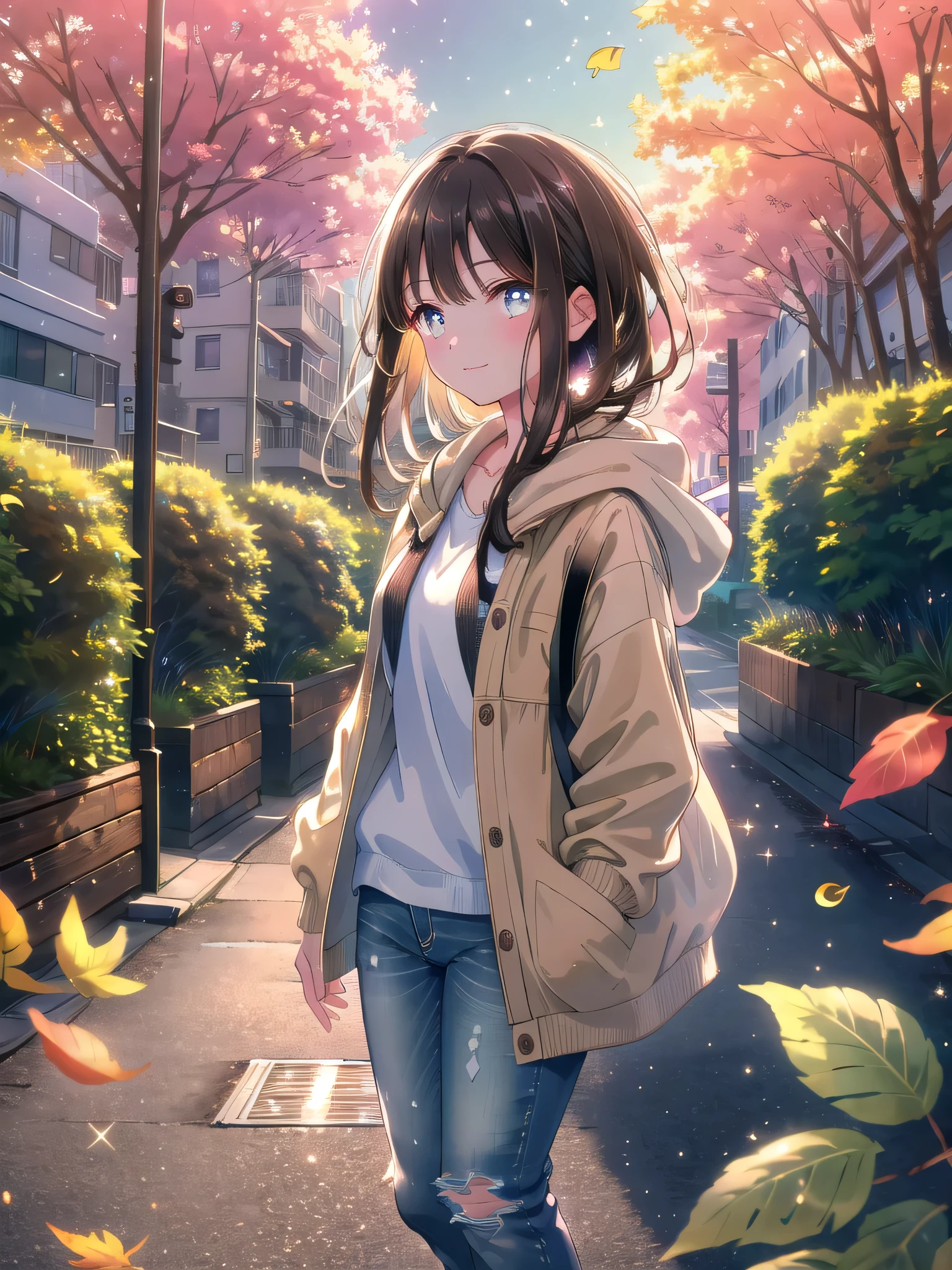 ((8k, Highest quality, masterpiece: 1.3)),Ultra-high resolution,(1 girl, alone), (Color changing eyes, Ultra-detailed, Expressive brilliance, Glitter, Glowing Eyes), Highly detailed eyes, Highly detailed face, Random Hair, ((pastel colour))A young woman with straight, shoulder-length black hair walks hand-in-hand with her partner through a quiet neighborhood street. She’s dressed in a light jacket and jeans, her expression peaceful and reflective as she enjoys the cool evening air. Her brown eyes occasionally glance at the camera with a content smile, sharing the tranquility of the moment. The street is lined with trees, their leaves rustling in the gentle breeze, and the sky is painted with the soft colors of sunset.