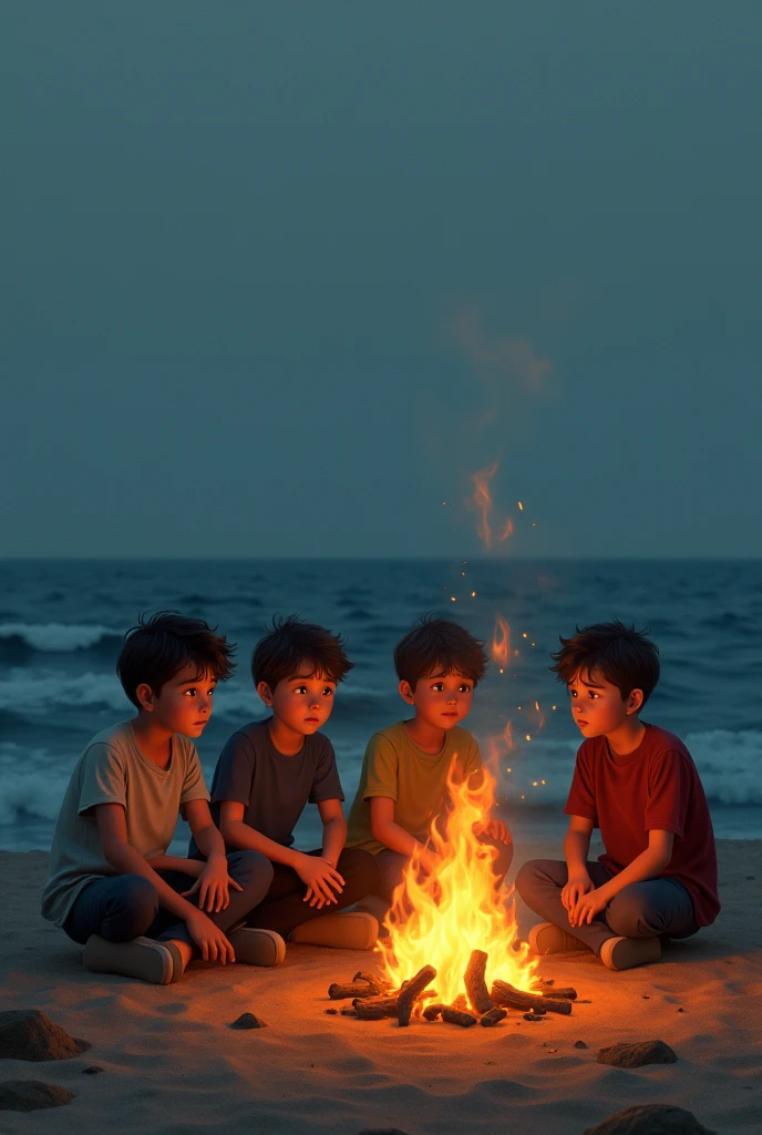 4 boys sitting in front of sea with born fire sad together