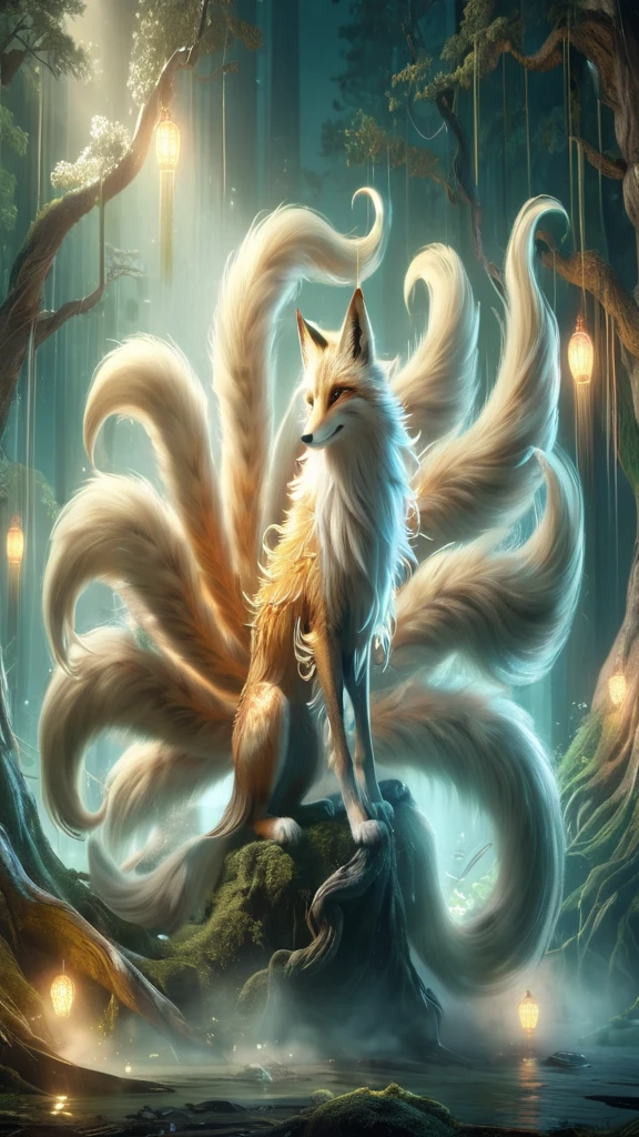 Panorama，Beast in the forest，Looks like a fox with nine tails on its back，Mysterious Creatures, Bird, (Highest quality，4K，8k，Superior，masterpiece：1.2），Super detailed，（Real，写真Real，写真Real：1.37），Very detailed drawings of animals，Complex patterns，Realな照明，Fantasy Creatures High Resolution, 