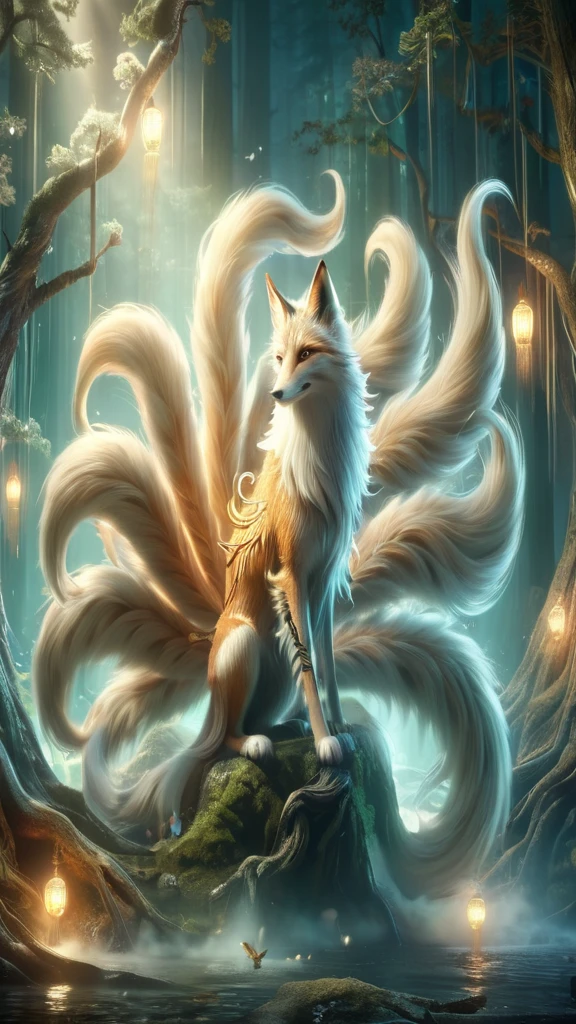 Panorama,Beast in the forest,Looks like a fox with nine tails on its back,Mysterious Creatures, Bird, (Highest quality,4K,8k,Superior,masterpiece:1.2),Super detailed,(Real,写真Real,写真Real:1.37),Very detailed drawings of animals,Complex patterns,Realな照明,Fantasy Creatures High Resolution,