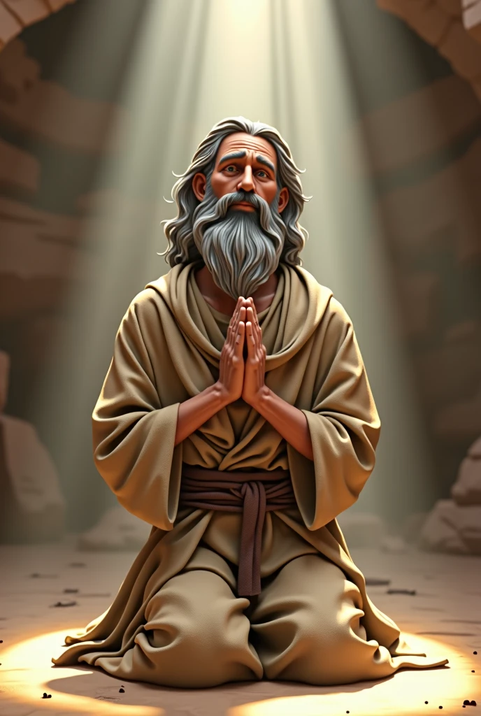 STRONG SLIM MAN WITH LONG UNCUT GRAY BEARD, GRAY HAIR, DOWN TO HIS SHOULDERS, BROWN EYES, SUN TAN SKIN, DRESSED IN BEIGE LINEN TUNICS COVERING HIS WHOLE BODY, SIMPLE BROWN LEATHER SANDALS, HE IS KNEELING PROSTRATE EXPRESSING REVERENCE, DOING A PRAYER WITH THE PALM OF YOUR HANDS TOGETHER.
A LIGHT FROM ABOVE WAS OVER HIM, 3D PIXAR CARTOON STYLE, CINEMATIC, WORK OF ART, DRAMATIC,DYNAMIC VIEW, WHOLE BODY.