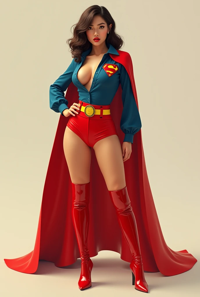 A SEXY BUSTY TEEN FEMALE WEARING A 1970 BLUE OPEN V BUTTONLESS BLOUSE WITH A SMALL "S"EMBLEM ON THE RIGHT SIDE OF HER CHEST, A PAIR OF RED SHORTS WITH A YELLOW BELT, TALL RED HEELED BOOTS, A BLUE CHOKER, AND A LONG FLOWING RED CAPE.