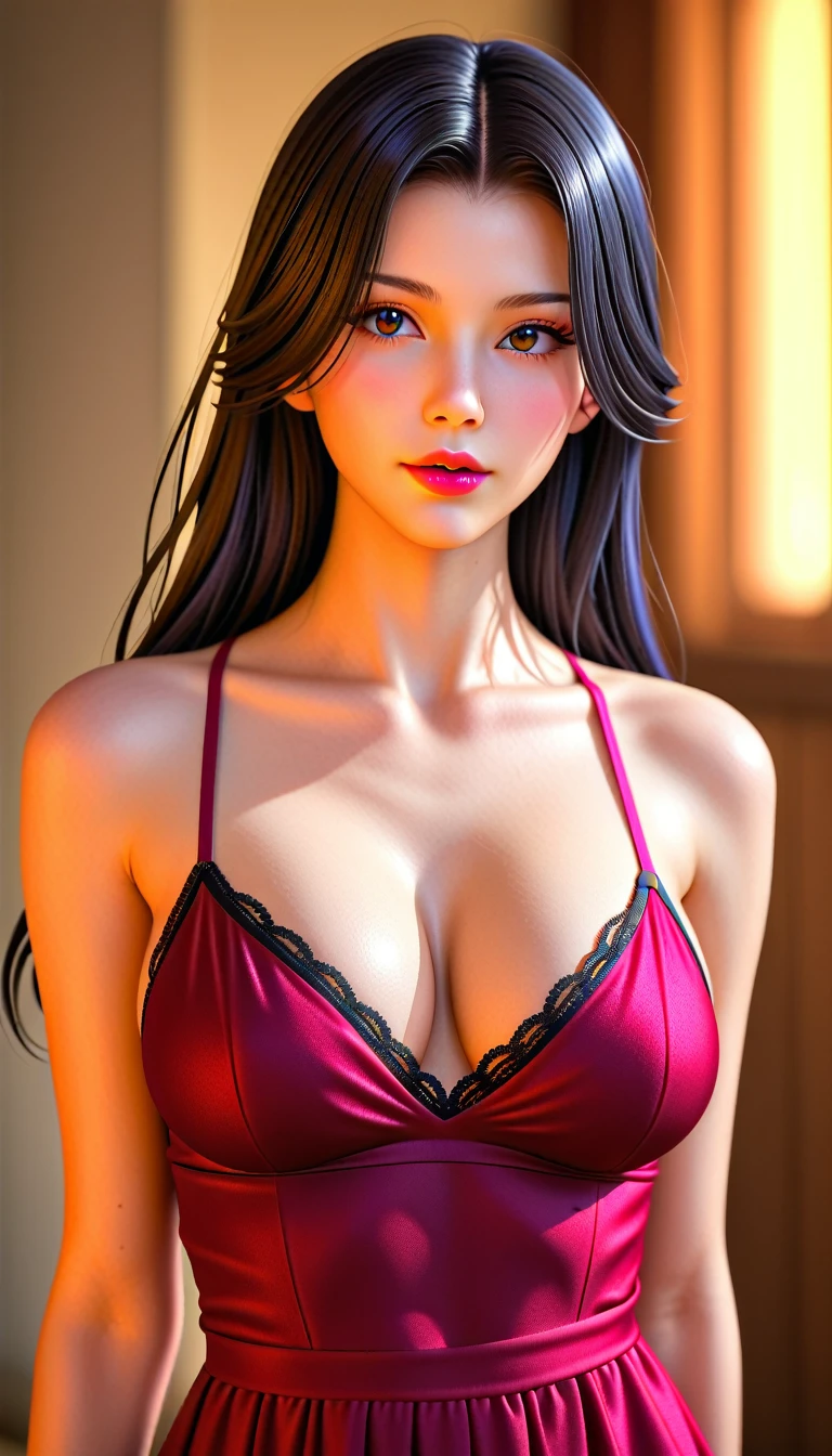 score_9, score_8_superior, score_7_superior, High-resolution CG illustration,A masterpiece in 32K resolution,Highest quality,it is really amazing,Very detailed,Ultra-high resolution,Ultra-realistic,Realistic,Increased depth of field,Cinematic lighting,
Elegant mature Japanese woman,
Shiny black hair,Straight long hair,Showing his forehead,god々Beautiful,Ultra-detailed and beautiful face,Sensual look,Beautiful dark brown, moist eyes,Glowing, moisturized skin,Translucent white skin,born々New skin texture,Great proportions,
Black slit dress,spaghetti straps,Deep slit,Detailed and beautiful lace decorations,born地の柔らかな質感,
Cinematic,Low - Angle,