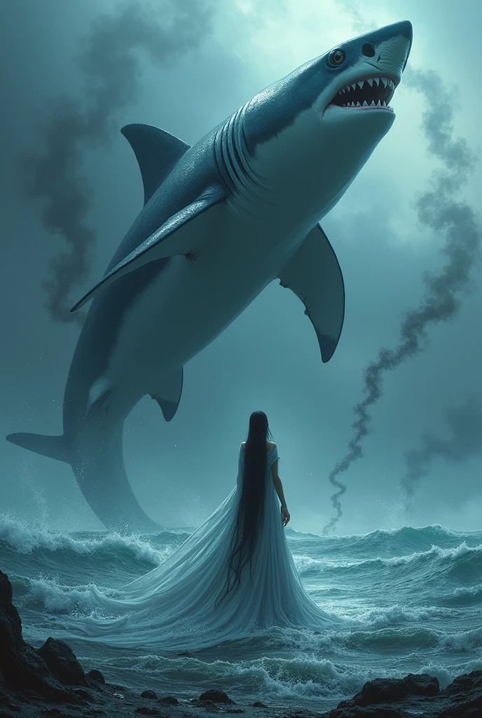 Water queen on ocean with giant shark shimmering black smoke
