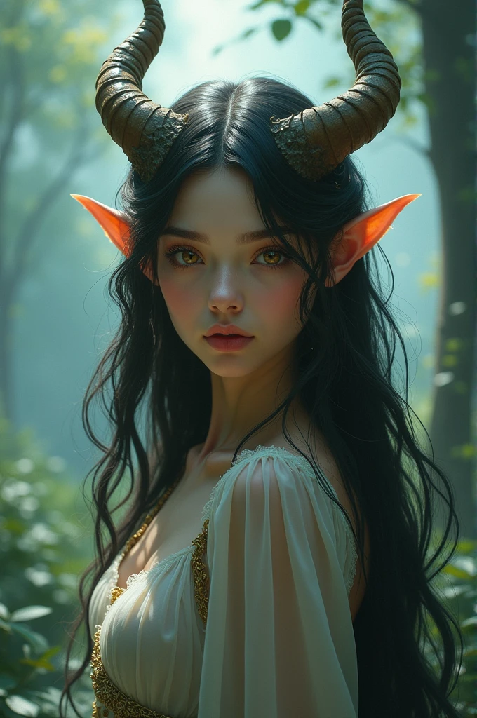 Can you create a girl with dragon horns long hair without wings 