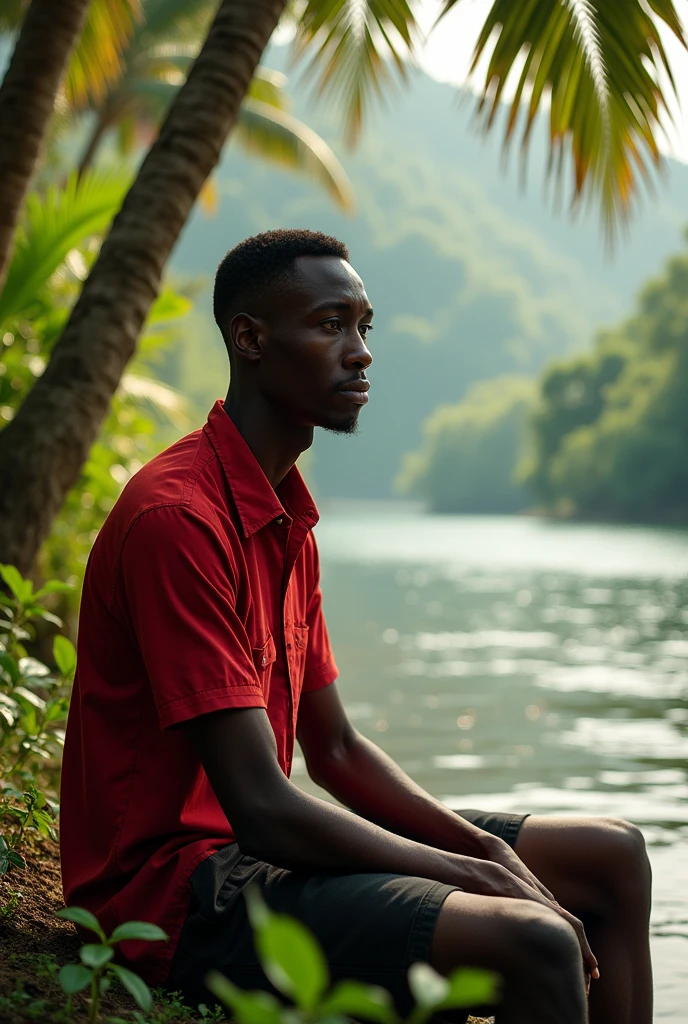 Jeune homme africain mince vêtu d’une chemise rouge assis au bord du fleuve Congo