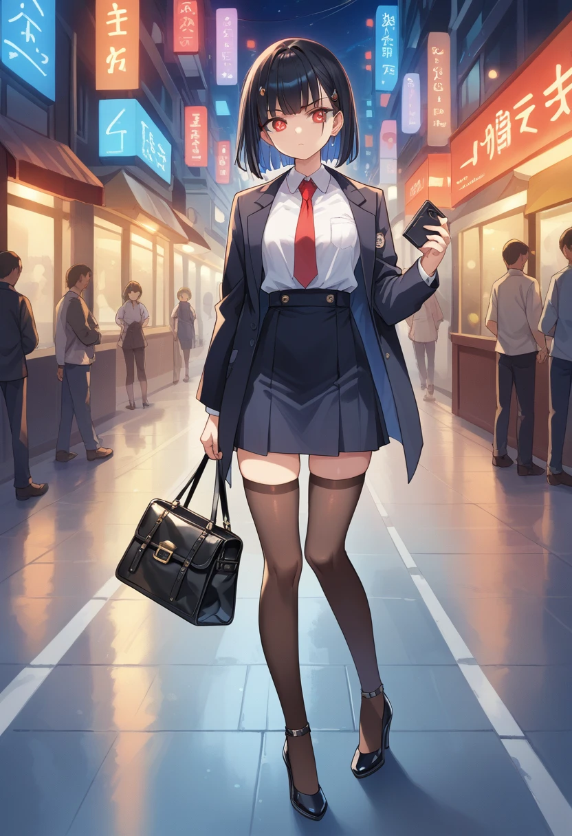 A young anime girl with long, straight black hair, with straight bangs that fall just above her eyebrows. Her large, expressive eyes have warm brown pupils, which contrast with her light skin. She wears a dark formal uniform, consisting of a well-fitted black jacket, a red tie, and a matching skirt that falls just above her knees. She is standing on a modern city street, holding a sleek black bag with both hands in front of her body. His expression is serious and calm, with a slight tilt of the head that denotes concentration. He has a slim, athletic body, with an upright posture that reflects confidence. Her proportions are delicate, with a defined waist, straight shoulders, and long legs dressed in dark stockings that are complemented by low-heeled shoes. The surrounding urban environment is slightly blurred, but there are neon lights and tall buildings that suggest an active city at night. The soft lighting of the environment highlights the contours of the character, creating a subtle shadow effect that gives depth to the scene. The image is rendered in high definition, with attention to detail in the textures of the clothing, the bright reflections in her hair, and the sharpness in his facial features. The visual style is a fusion between realism and anime art, using vibrant colors and well-defined contrasts to highlight each element of the composition. unaestheticXL_bp5