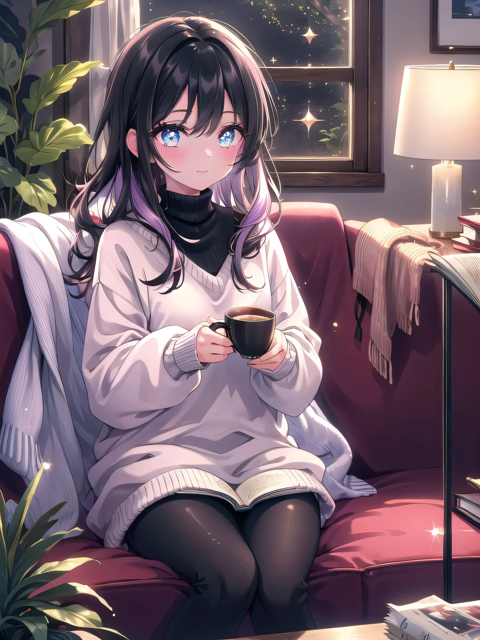 ((8k, Highest quality, masterpiece: 1.3)),Ultra-high resolution,(1 girl, alone), (Color changing eyes, Ultra-detailed, Expressive brilliance, Glitter, Glowing Eyes), Highly detailed eyes, Highly detailed face, Random Hair, ((pastel colour))The woman, with long, wavy black hair, is sitting on the couch, reading a book with her partner. She’s dressed in a casual sweater and leggings, her expression relaxed and focused as she reads. Her eyes occasionally glance at the camera with a soft, content smile, sharing the quiet moment. The living room is warm and inviting, with a few houseplants and a soft throw blanket adding to the coziness. A cup of tea sits on the coffee table, adding to the peaceful atmosphere.