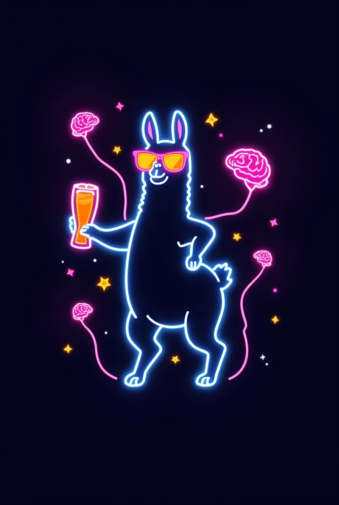 A minimalistic neon-style emblem featuring a llama in 70s, 80s, or 90s fashion, wearing trendy glasses, holding a beer, and dancing. The llama is outlined with no detailing and surrounded by simple brain icons with neon lines connecting them, suggesting a psychological theme. The design includes plenty of open space for adding large text, set against a dark background for a vibrant, party-ready look.




