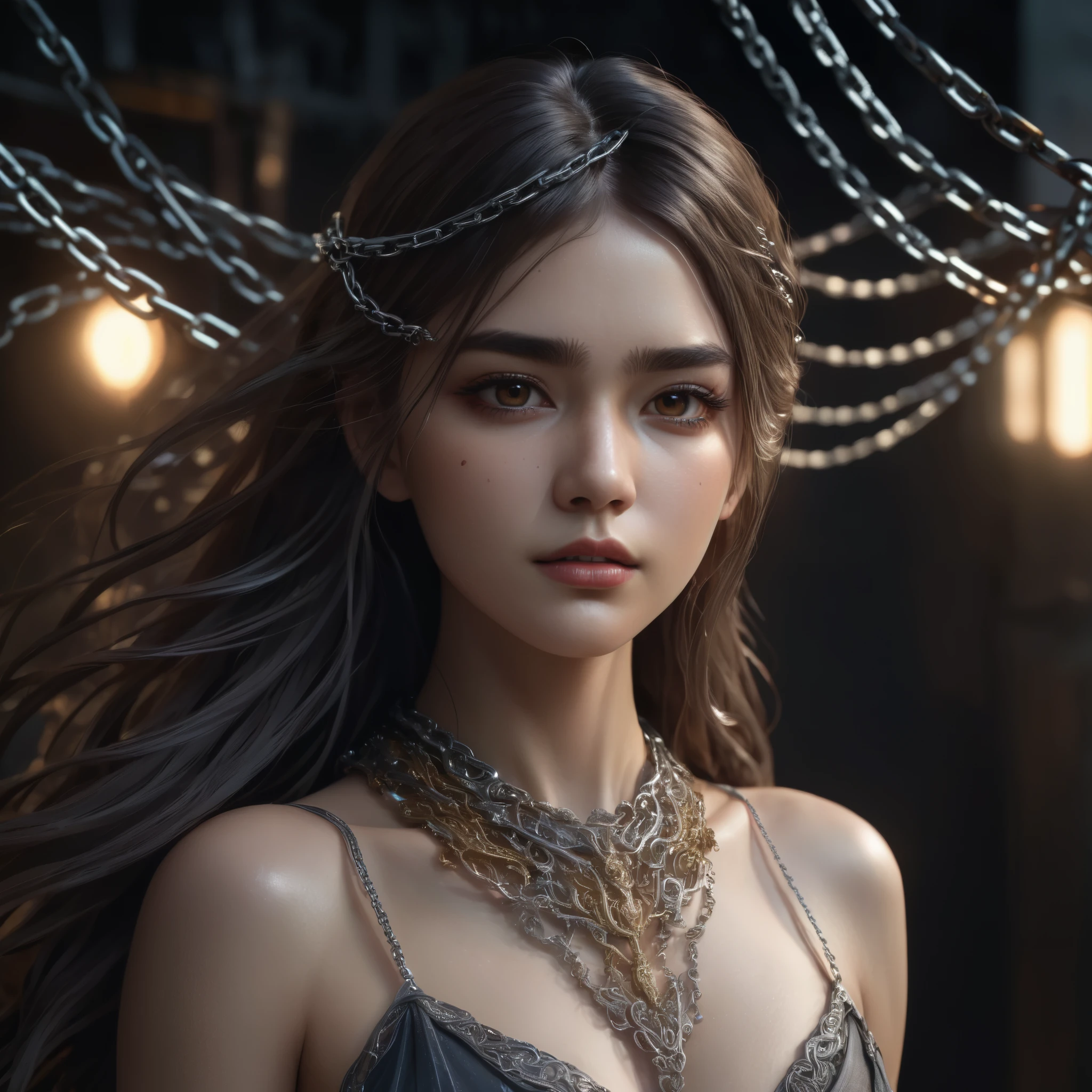 a beautiful young girl with intricate ((metal chains)) draped over her body, delicate facial features, long flowing hair, elegant pose, dramatic lighting, gritty industrial background, cinematic composition, dark moody colors, (best quality,4k,8k,highres,masterpiece:1.2),ultra-detailed,(realistic,photorealistic,photo-realistic:1.37),intricate metal chains, dramatic lighting, cinematic composition, dark moody colors