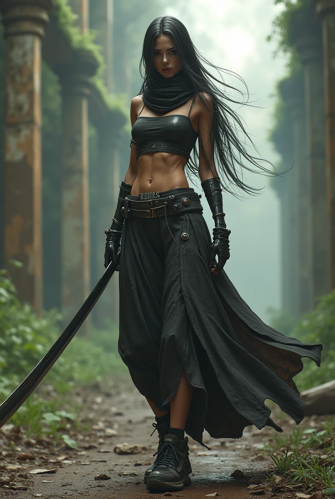 random view angle, skinny female cyborg, confidence, futuristic aerodynamic heavy mechanical arm, dual-wielding katanas, extremely long voluminous hair, long scarf, crop tank, low-rise maxi skirts, strong directional wind, old abandoned overgrown ruins, 3d art, unreal engine