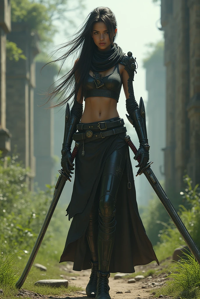 random view angle, skinny female cyborg, confidence, futuristic aerodynamic heavy mechanical arm, dual-wielding katanas, extremely long voluminous hair, long scarf, crop tank, low-rise maxi skirts, strong directional wind, old abandoned overgrown ruins, 3d art, unreal engine