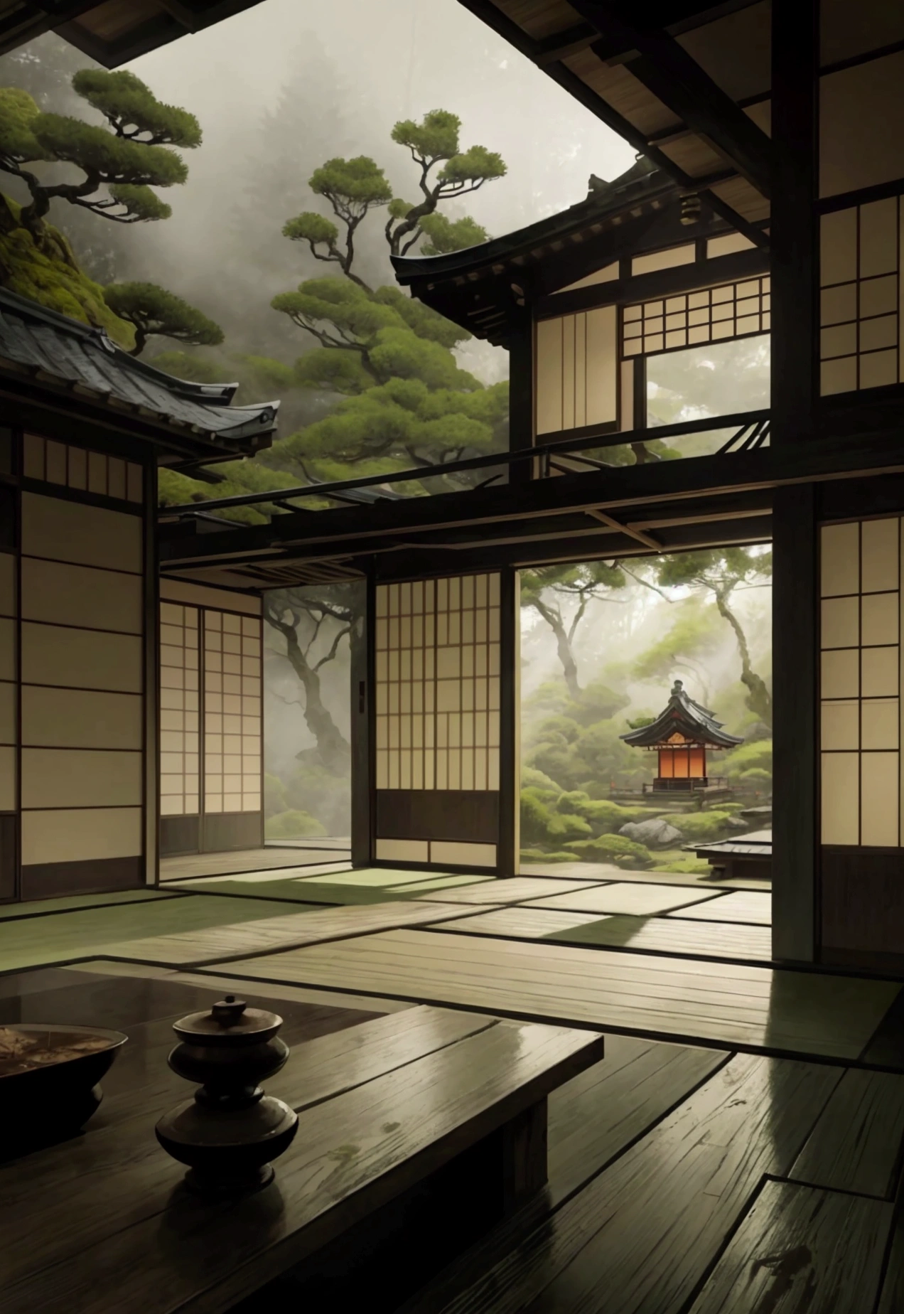 a traditional japanese house in the middle of a dense forest on a mountain, detailed architecture, ornate roof, wooden walls, sliding doors, zen garden, mossy rocks, lush greenery, fog, dramatic lighting, cinematic composition, muted color palette, painterly style