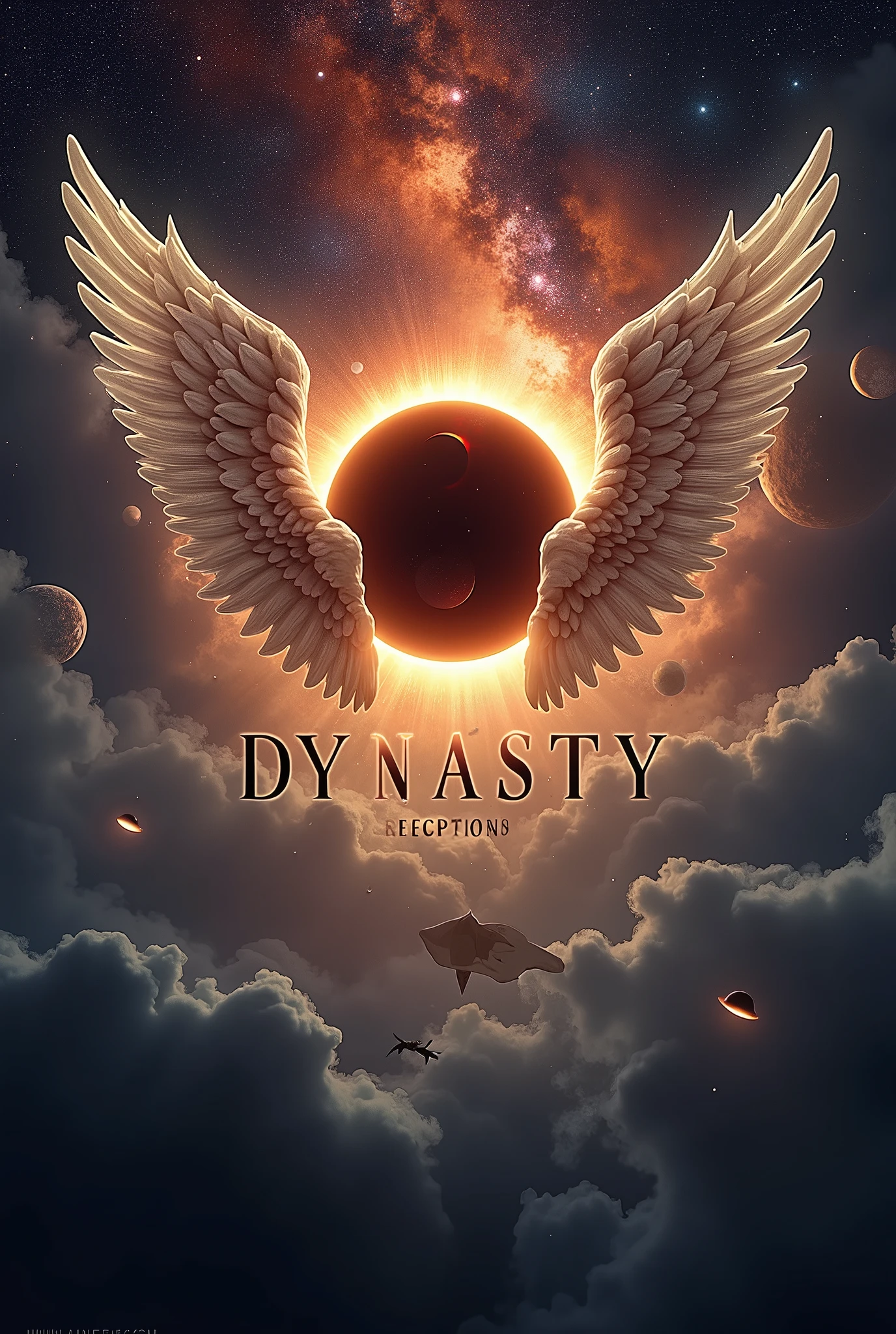 I need you to generate an image that contains the word DYNASTY, This is from a company that is dedicated to events and receptions with an image with angel wings as a background, only the wings, a background eclipse with surrounding planets and asteroids