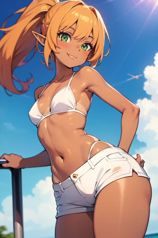 (High definition) (masterpiece), (tanned skin), Young elf girl, wide hips, small breasts, slender body, big thighs, beautiful legs, medium orange hair, green eyes, wearing white bikini top, black jeans shorts, with ponytail, relaxed pose, smiling