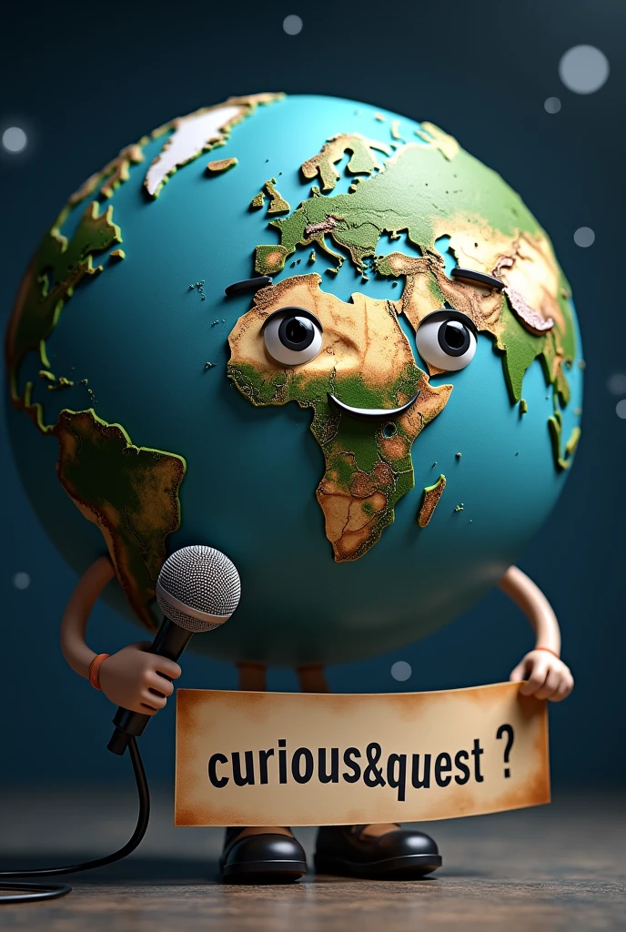 Planet Earth holding a microphone and a banner underneath written "Curious&Quest"