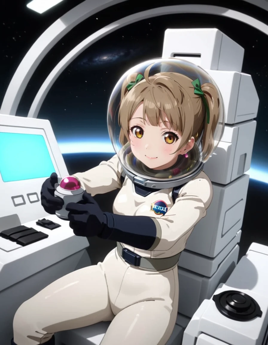 (Spacesuit:1.15), White Cargo Pants, Space Helmet , , Spacewalk, masterpiece, Highest quality, One person, alone, short hair, , , , Bodysuits,Gloss,, short hair, (Futuristic spaceship:1.6), , smile,Covered navel, short hair,Small breasts,From above, space helmet, bubble helmet,Minami Kotori , Love Live! School Idol Project,