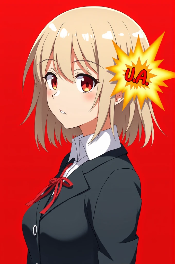 Screenshot of my hero academia. ash blonde hair, red eyes, She expressed herself rudely but gently at the same time, fringe, by the wide, He is wearing the U uniform.A., She has an explosion clip in her hair and a red background