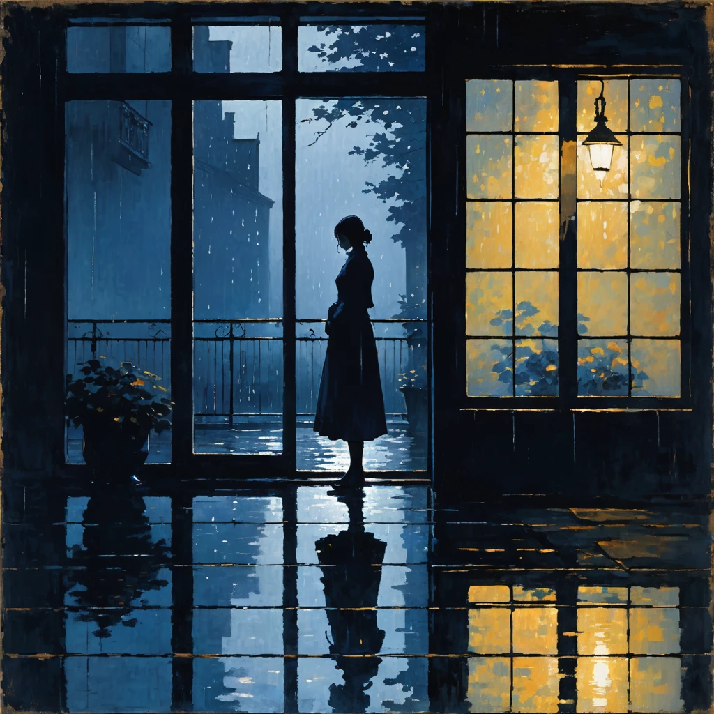 The scene shows a solitary figure standing by a window, looking out at a rainy night. Raindrops streak down the windowpane, and the figure’s reflection is faintly visible in the glass. Outside, the street is dimly lit by a single streetlamp, and the rain continues to fall gently. The room inside is dark, with only a faint light highlighting the figure's silhouette. The color palette should include deep blues, grays, and soft whites to evoke a sense of solitude, reflection, and quiet comfort