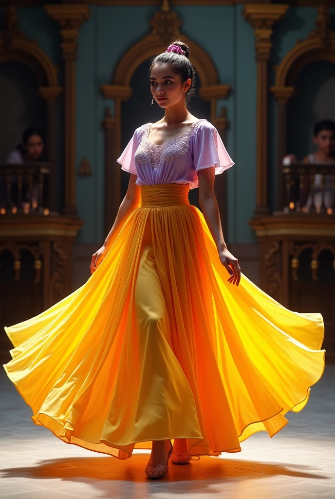 A costume for the music mil pasos that has a lilac and yellow gradient skirt 