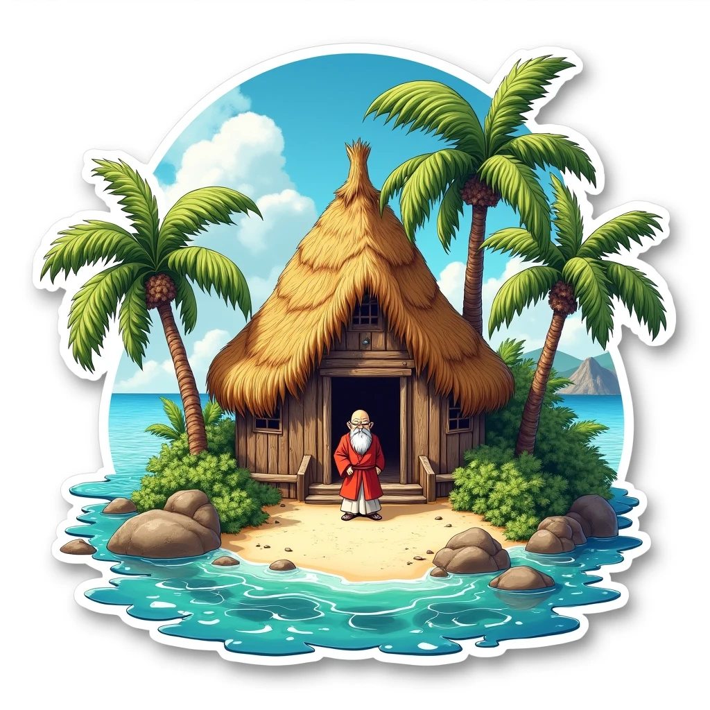 "Kame House Resident" Sticker: This sticker features a detailed illustration of the Kame House, Roshi's island home, with the elderly master himself standing in the doorway. The design emphasizes the character's connection to his iconic abode and reflects the serene, island setting of the Dragon Ball Z universe, on a white background.