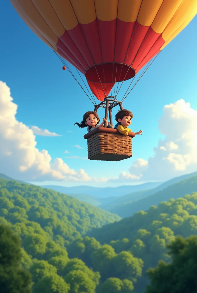 Two children sitting on a hot air balloon,Looking at the forest scenery on the ground,To see the top of the hot air balloon