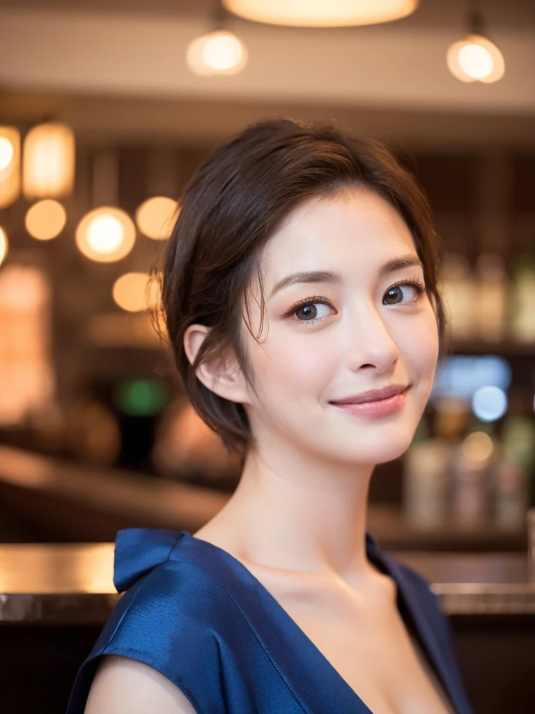 a Close-up portrait of gorgeous smiling cute Japanese woman in a glamorous blue dress outfit, delicate facial features, porcelain-skinned, ponytail, a fusion of young Marion Cotillard's striking eyes and young Anne Hathaway's introspective gaze, long and slender cute face, curved eyebrows, droopy hooded eyes, lower nasal bridge, slim wavy nose, smiling, thin lips, short pixie cut hair, silhouette, bokeh, lobby bar lounge background,