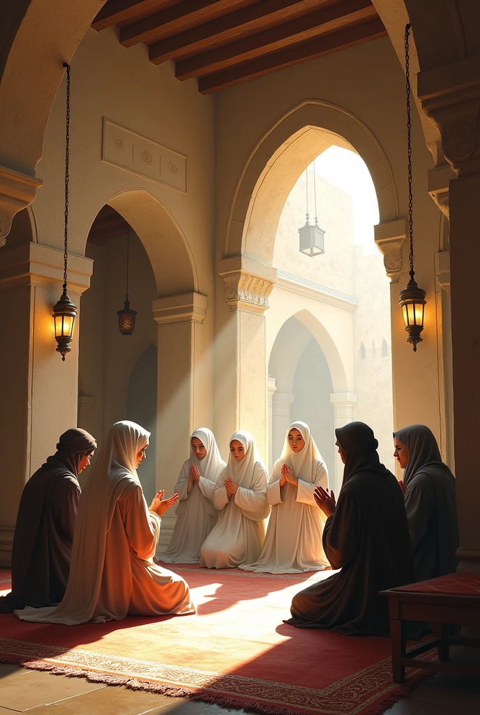 I want a beautiful image of a group of people praying in a typical Jerusalem house.