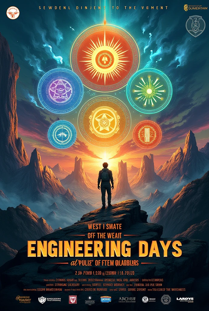 Percy jackson inspired theme POSTER/PUBMAT for the college of engineering's engineering days involving the 6 engineering course: chemical, civil, computer, mechanical, electronics, electrical. Include texts or logos. No peope but you can use tiger or any elements related to champion