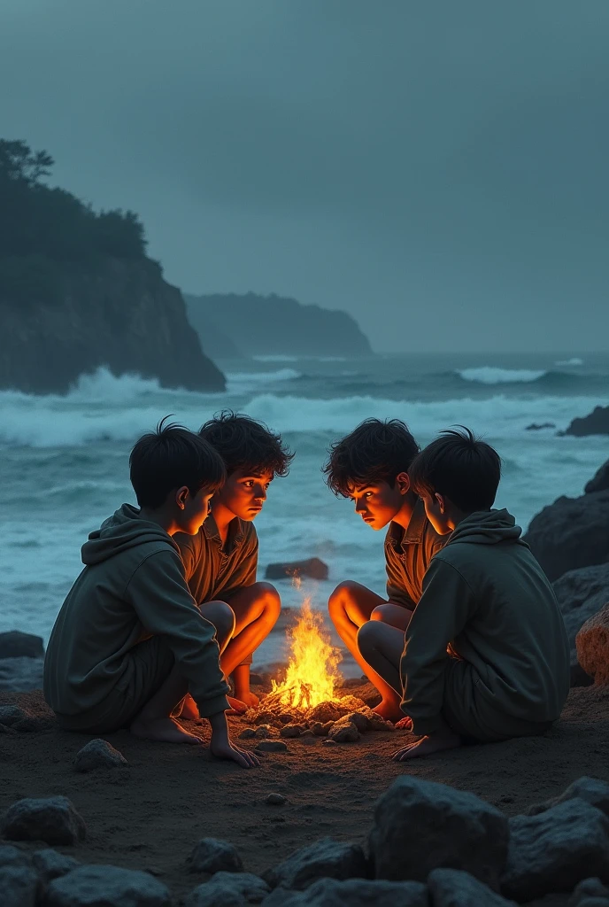 4 boys sitting in front of sea with born fire sad together game image

