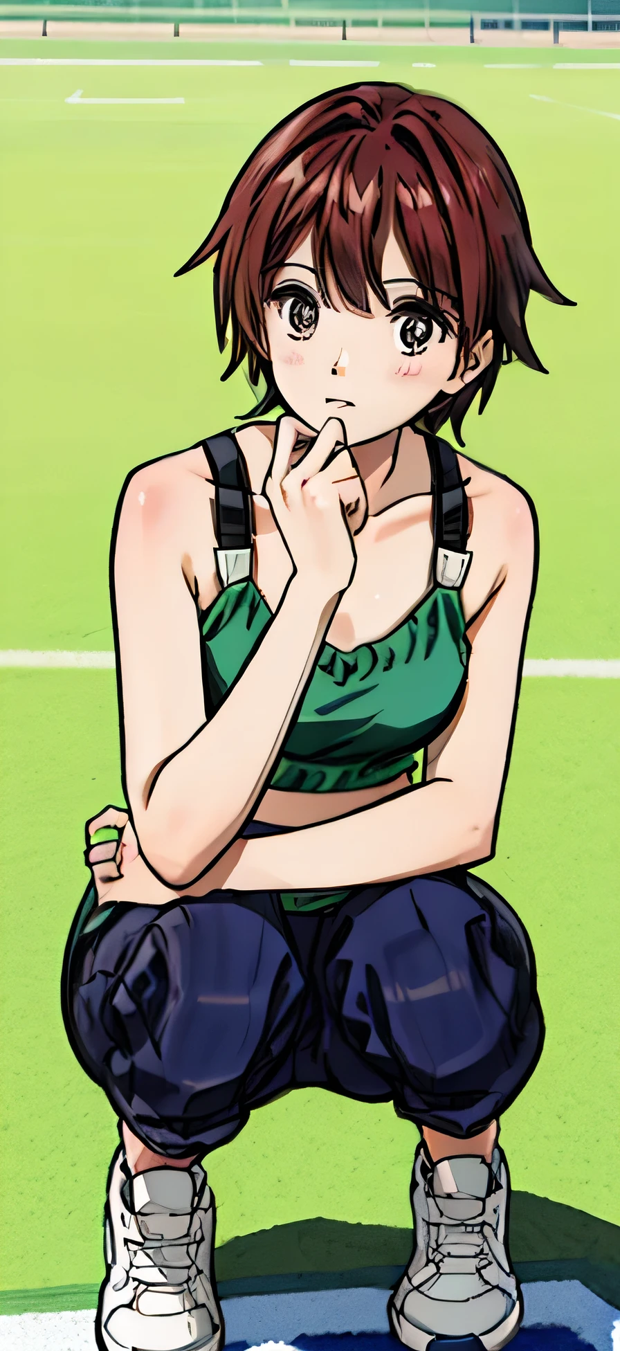(Highest quality,4K,8k,High resolution,Tabletop:1.2), Very detailed, (Realistic,photoRealistic,photo-Realistic:1.37), Girl in the meadow, squat,Sweat,Grin,((Sports bra and black leggings)), Black Elbow Pads,Open Finger Gloves,White loose socks,Black sneakers,Beautiful attention to detail, Beautiful lip detail, Very detailed目と顔, Long eyelashes, Realistic anime 3D style, Smooth anime CG art, Digital rendering by Makoto Shinkai, Moe anime art style, photoRealistic rendering of an anime girl, Shinkai Makoto style, Cute anime girl visuals, Realistic young anime girl, Fan art of, Works by anime artists&#39;Studio.