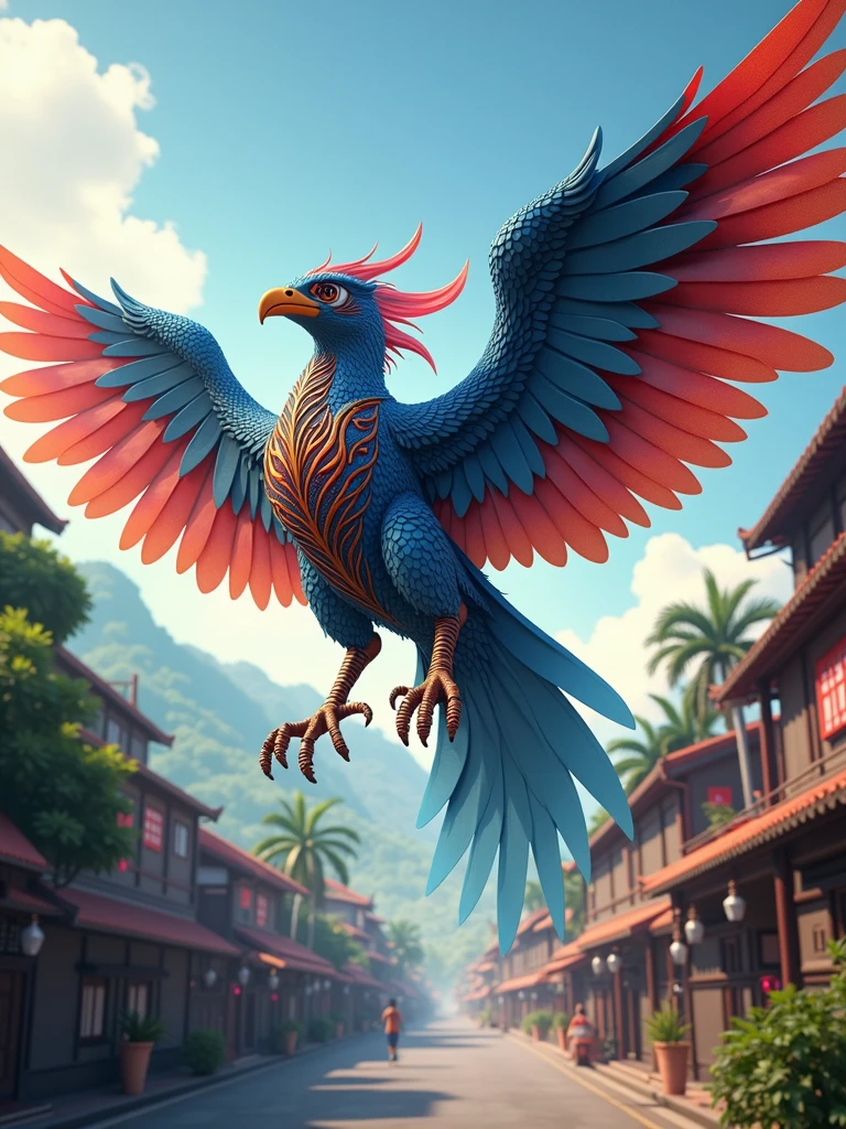 Animated 4D,Black Myth Garuda Lava Blue Red Cyberg Golden,Background Nusantara town Indonesia new