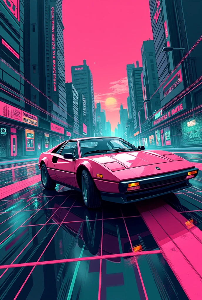 "A retro t-shirt design featuring a stylized 80s sports car driving into a futuristic cityscape. The design uses neon colors like pink and teal, with a grid background and a distressed texture."