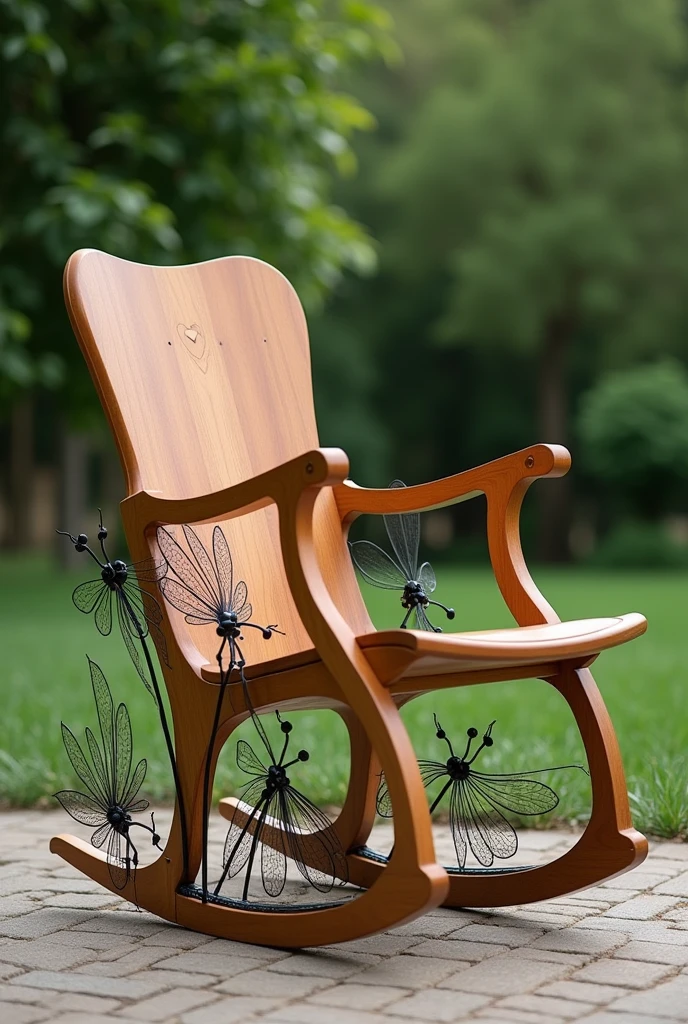 Imagine the rocking chair with the existing design, that mixes elements of the Shaker style with Art Nouveau, com linhas suaves e curvas elegantes. sada, at the feet of the chair, instead of continuous and circular lines, let&#39;s incorporate dragonfly wings.

The wings could be delicately stylized, made of steel or metal. These wings would extend from the legs of the chair outwards., creating an effect of lightness and movement.

The wings could have engraved or carved details, like veins or textures, that resemble the real structure of a dragonfly&#39;s wings. Furthermore, the wing structure could be reinforced with a thin, elegant metal, to ensure that they are both decorative and functional.

This design would create a piece that combines natural elements with a futuristic and artistic touch., maintaining the essence of the chair&#39;s original style.