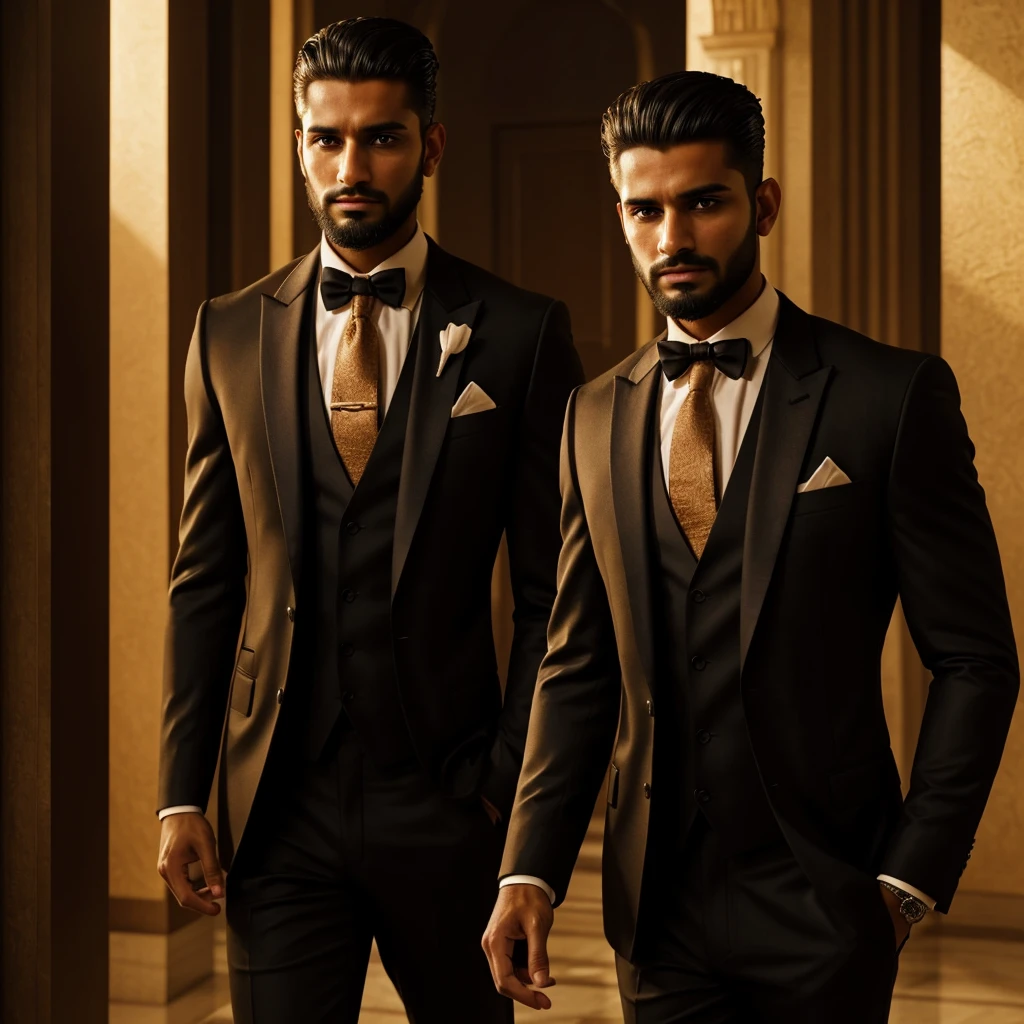 a young handsome 2 man with chiseled features, tanned skin, arabic, wearing a formal suit, with a clean-shaven beard, dramatic lighting, cinematic pose, intricate details, high contrast, dramatic shadows, warm color tones, cinematic angles, hyper-realistic, 8k, masterpiece