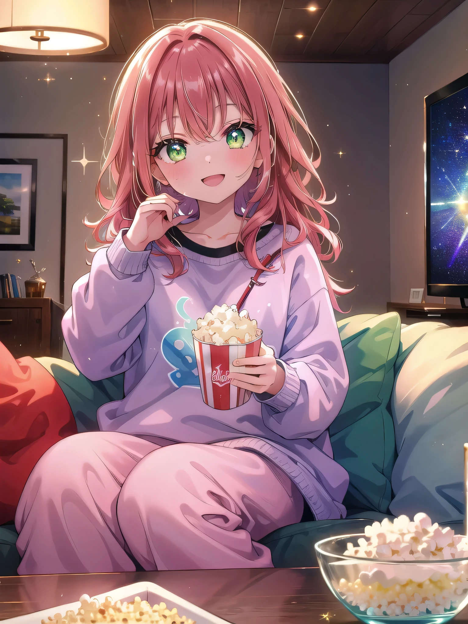 ((8k, Highest quality, masterpiece: 1.3)),Ultra-high resolution,(1 girl, alone), (Color changing eyes, Ultra-detailed, Expressive brilliance, Glitter, Glowing Eyes), Highly detailed eyes, Highly detailed face, Random Hair, ((pastel colour))A young woman with short, wavy auburn hair is sitting on the couch, snuggled up with her partner under a blanket, watching a movie. She’s dressed in a cozy sweatshirt and sweatpants, her expression one of amusement as she laughs at something on the screen. Her green eyes occasionally glance at the camera with a playful smile, sharing the joy of the moment. The living room is dimly lit, with the soft glow of the TV providing the only light. A bowl of popcorn sits on the coffee table, adding to the casual, relaxed atmosphere.