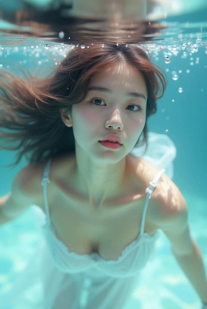 A beautiful korean young girl wearing white spaghetti strap transparent night gown, nipples, she is swimming to the viewer in water. underwater photo, slightly water bubbles. Detailed hair, detailed beautiful face, detailed beautiful blue eyes.
The individual is adorned with a voluminous, flowing mane of hair, messy hair in a water, blending soft pink and white hues