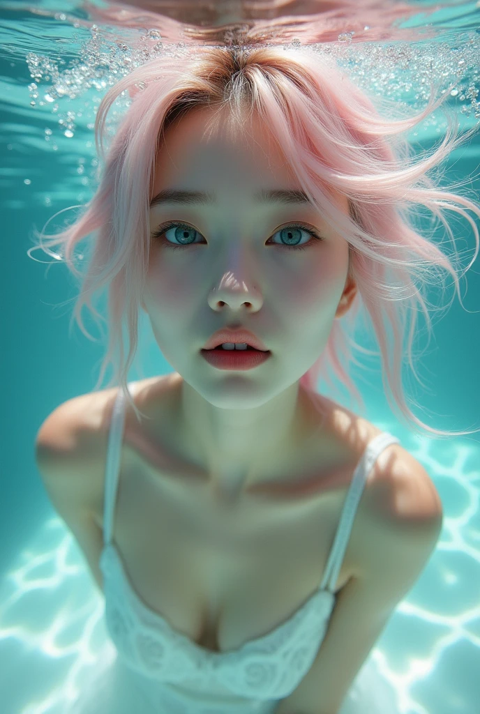 A beautiful korean young girl wearing white spaghetti strap transparent night gown, nipples, she is swimming to the viewer in water. underwater photo, slightly water bubbles. Detailed hair, detailed beautiful face, detailed beautiful blue eyes.
The individual is adorned with a voluminous, flowing mane of hair, messy hair in a water, blending soft pink and white hues