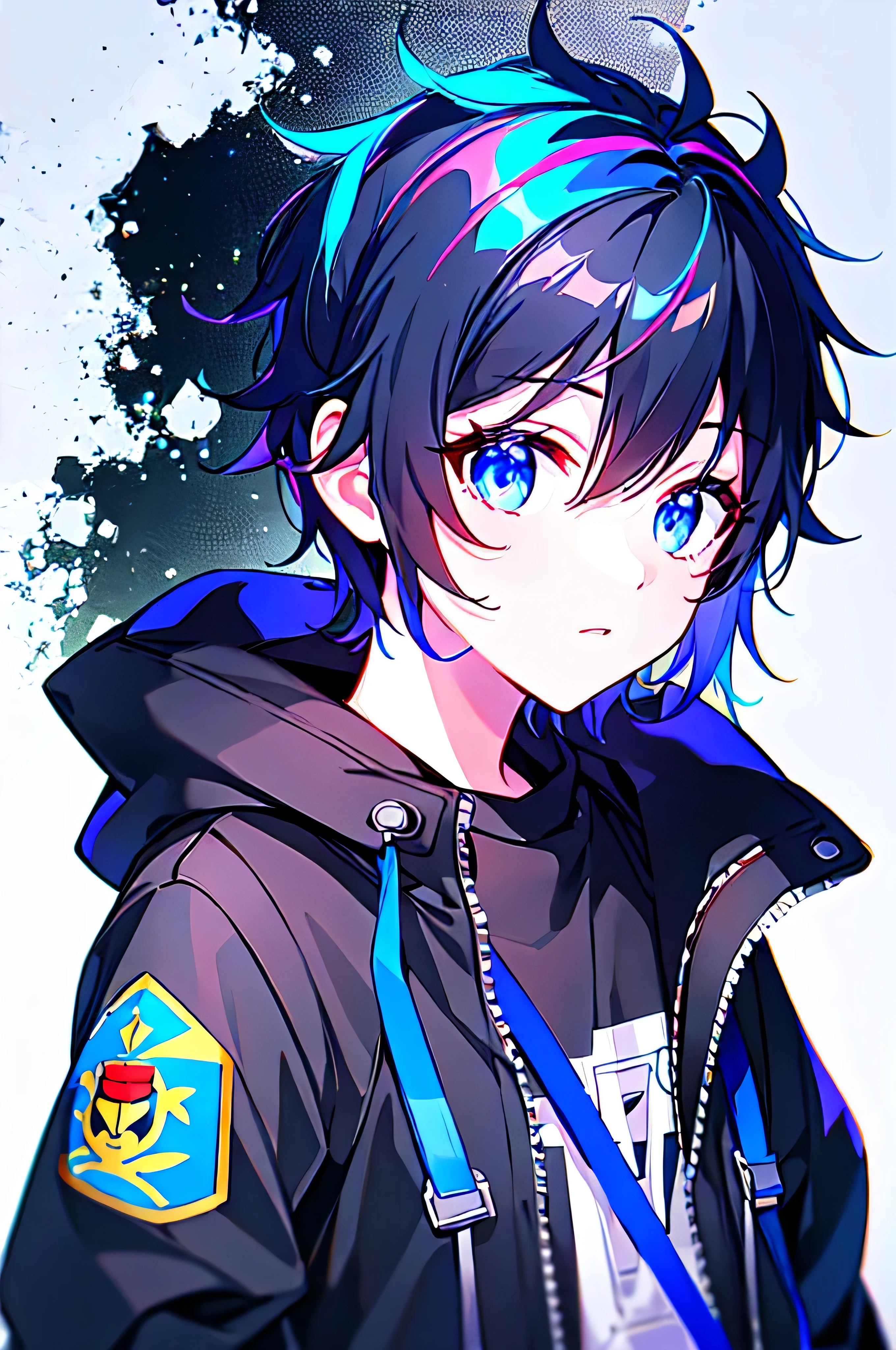[(WHITE BACKGROUND:1.5),::5], ((((masterpiece)))), high quality, ultra_very_high_resolution, large_filesize, (upper body), (blue base), full color, ((solo)), ((little boy)), (((men's black short hair))), blue eyes, anime, neon light, black parka,