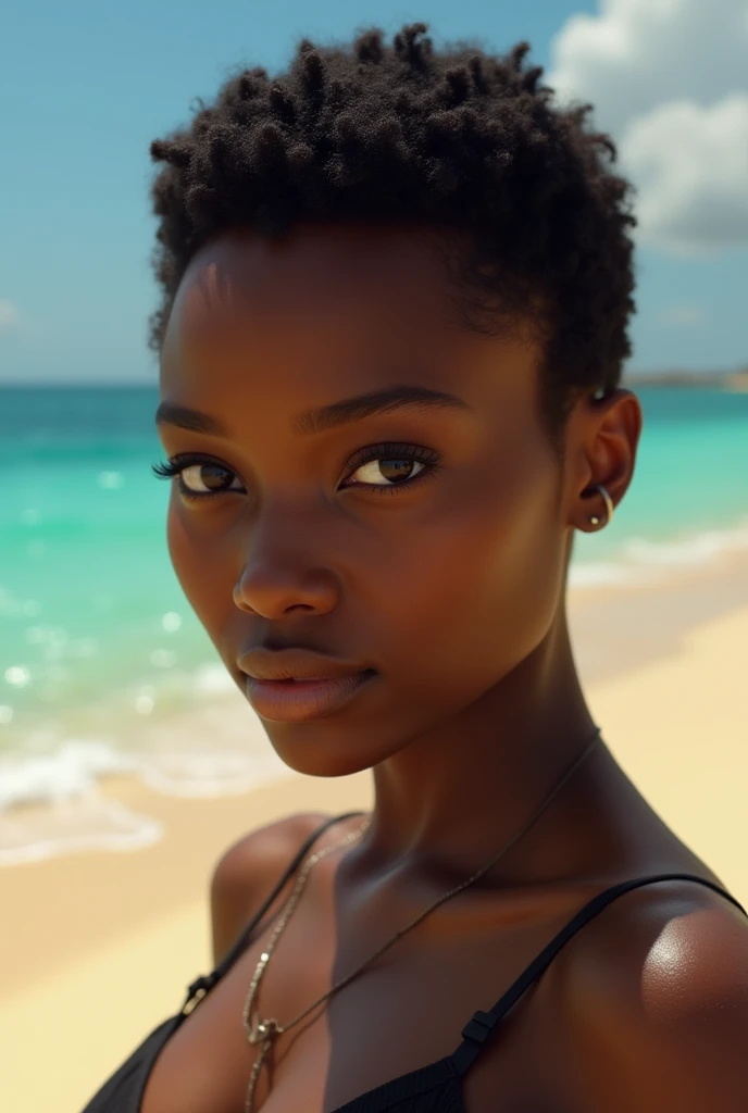 femme africaine ,les cheveux court le regard vers nous ,sur une plage de libreville