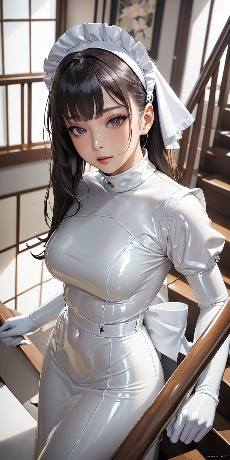 Portraiture、(masterpiece,Highest quality,Ultra-high resolution),Japanese women, (((Very clean))),(White latex maid outfit)、(White latex long skirt)、(A long-sleeved white latex shirt covering the upper body)、White latex long gloves、White latex socks、Latex bodysuit、The clothes fit snugly to the body、Latex is very shiny、Climbing stairs