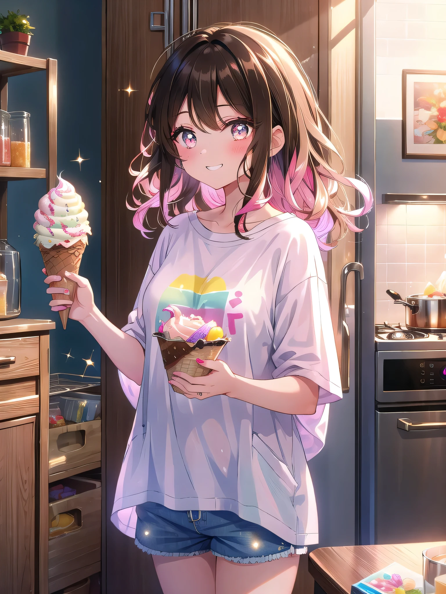 ((8k, Highest quality, masterpiece: 1.3)),Ultra-high resolution,(1 girl, alone), (Color changing eyes, Ultra-detailed, Expressive brilliance, Glitter, Glowing Eyes), Highly detailed eyes, Highly detailed face, Random Hair, ((pastel colour))The woman, with long, wavy black hair, is standing in the kitchen, holding a bowl of ice cream. She’s dressed in a comfy, oversized T-shirt and pajama shorts, her expression slightly mischievous as she sneaks a spoonful of ice cream with a grin. Her brown eyes occasionally glance at the camera with a playful, conspiratorial look. The kitchen is dimly lit, with only the light from the fridge illuminating the scene. Her partner is in the background, laughing softly, adding to the sense of shared fun.