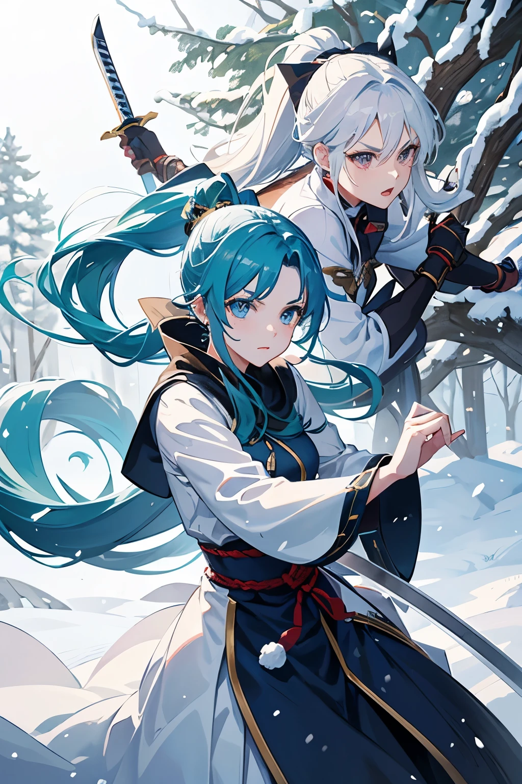 Running through the snow, swinging a sword. Fighting in the snow. Beautiful woman detection. Her ponytail is swinging wildly. A sword is visible in the snow. Swordsman swinging a sword wildly. In the forest. In a snowy forest. Dim. Snow is falling. Fighting in the middle. Enemies can be seen here and there. Anime style. Anime art style. Anime. A cool and beautiful swordsman. Well-defined facial features. Narrow eyes. Arched eyebrows. Anime style. 8K high quality. Accurate reproduction. Correct pose. Correct reproduction. A female swordsman fighting in a snowy forest.
