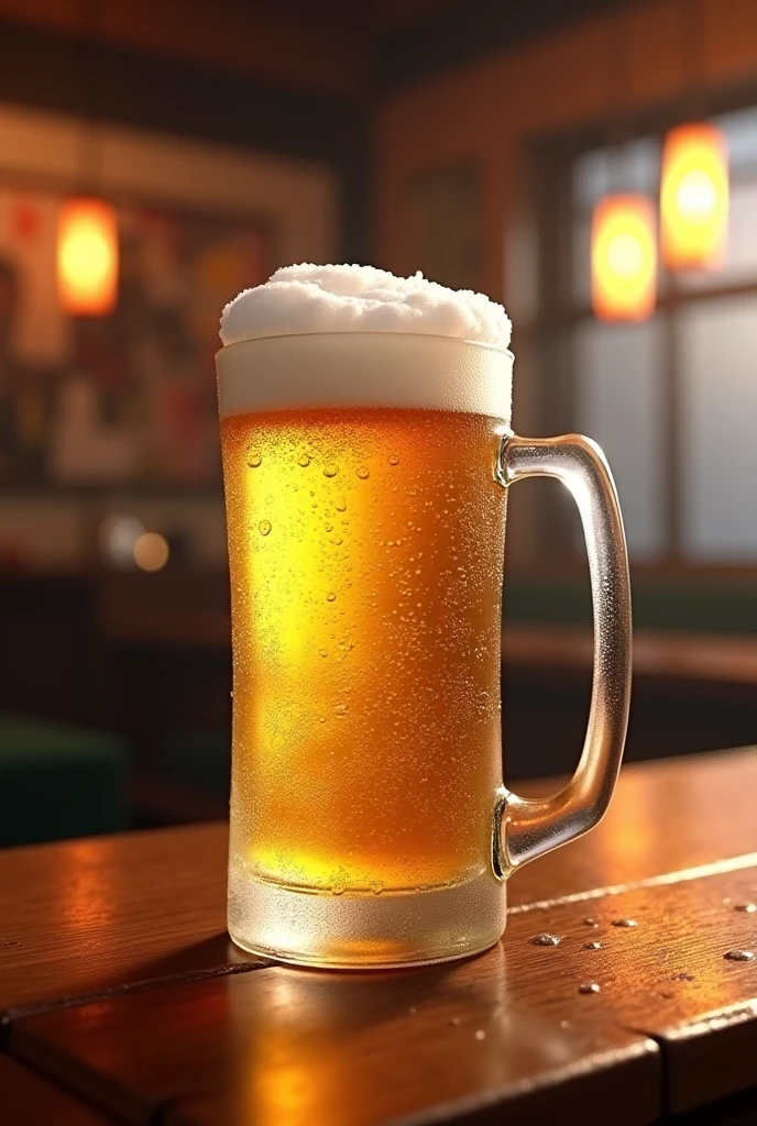 high resolution、high quality、Real、Realistic、Realな質感、Realistic、Beer 、キンキンに冷えたBeer ジョッキ、Izakaya、水滴が付いたBeer ジョッキ、Water drops are dripping.、
